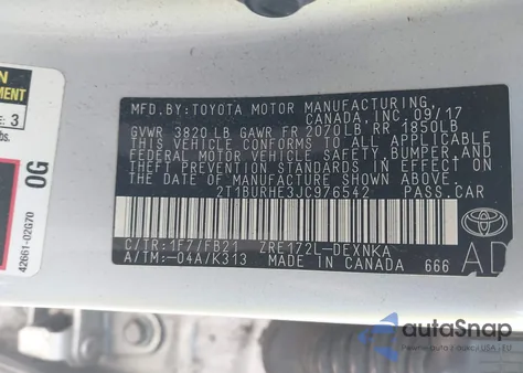 2018 Toyota Corolla Le z USA, uszkodzony, nr VIN 2T1BURHE3JC976542